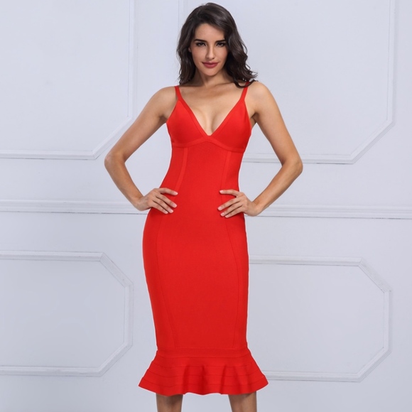 Bandage V-Neck Midi Mermaid Dress in Bright Red - Picture 6 of 13